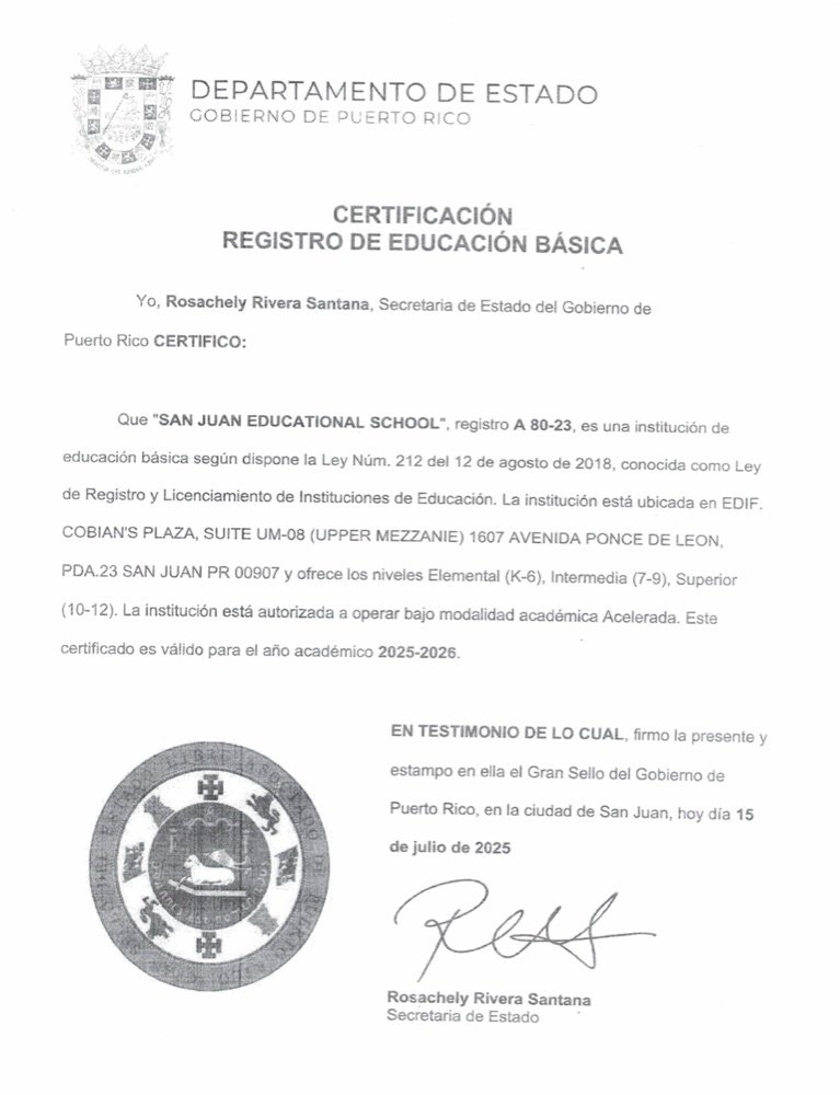 Certificación de Registro de Educación Básica A80-23 de San Juan Educational School para 2025-2026