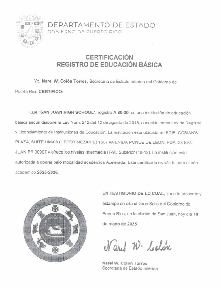Certificación de Registro de Educación Básica A80-30 de San Juan High School para 2025-2026